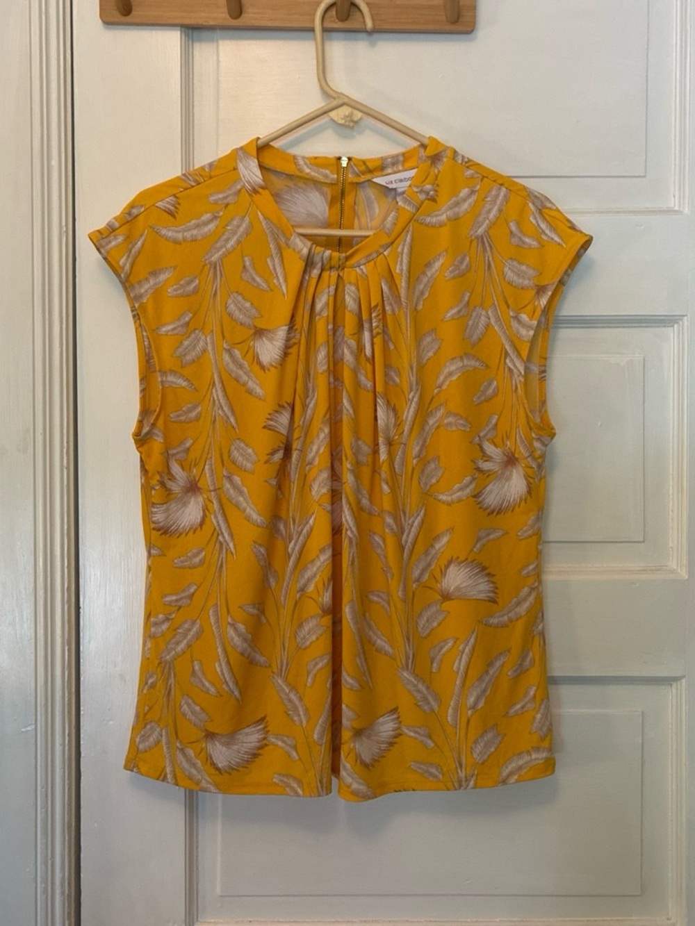 Liz Claiborne Mustard Yellow Feather-Print Cap Sleeve Blouse